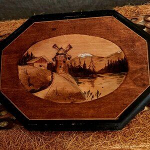 1 pc Vintage 3-D Wood Carving Quebec Folk Art cabin, windmill river mountains